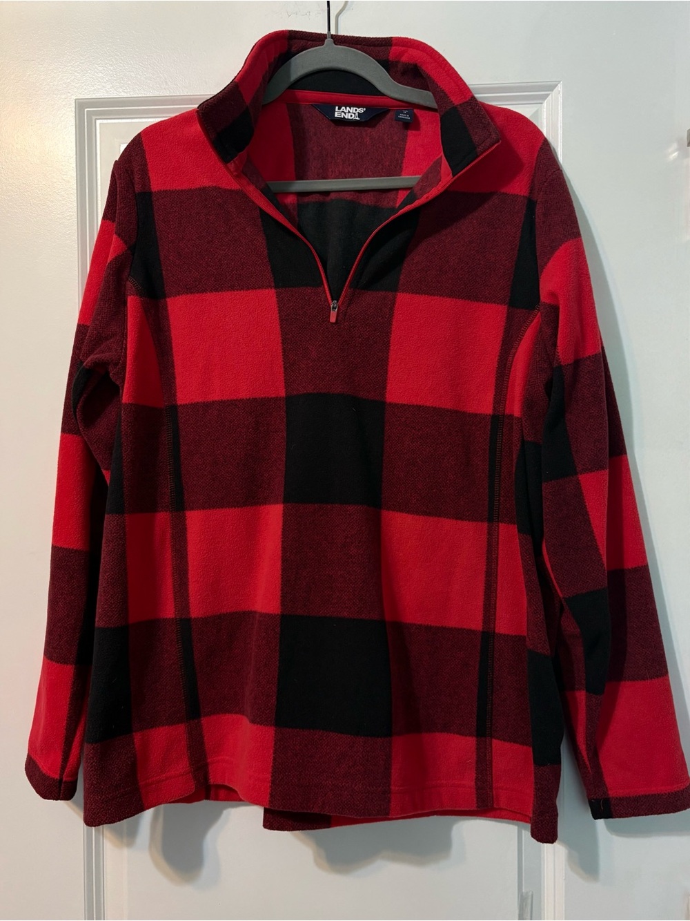 Lands’ End Women’s XL 18 Red Black Buffalo Plaid Quarter Zip Fleece Pullover